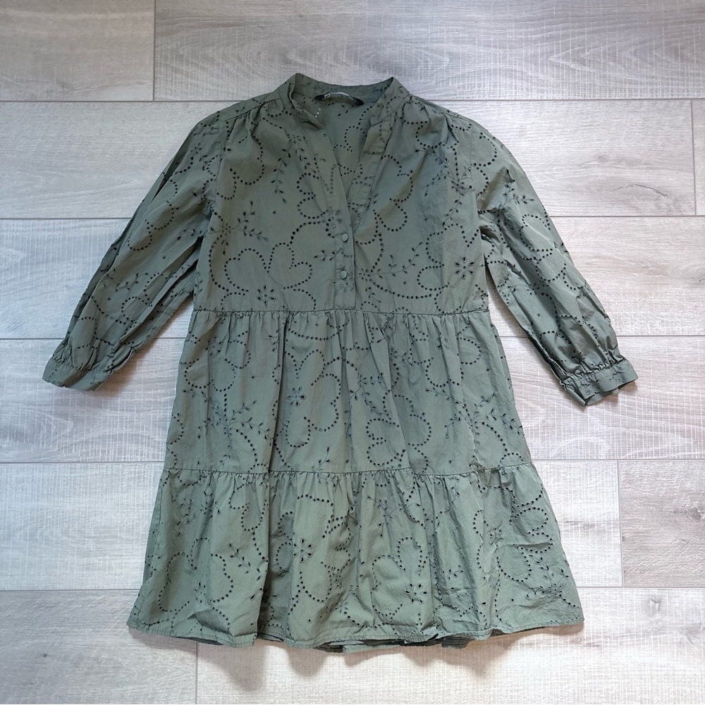 Zara Olive Green Eyelet Dress - Picture 2 of 10